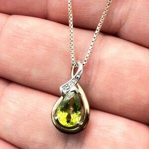 10K 925 Sterling Silver Green Prasiolite Teardrop Pendant Sterling 16" Necklace